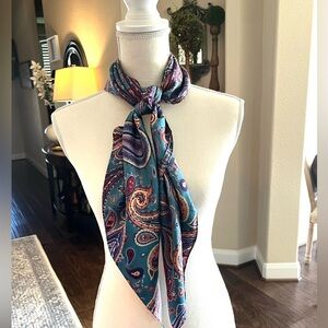 Elegant Paisley Scarf - Teal and Multicolor Silk Vintage Harken Made in Japan
